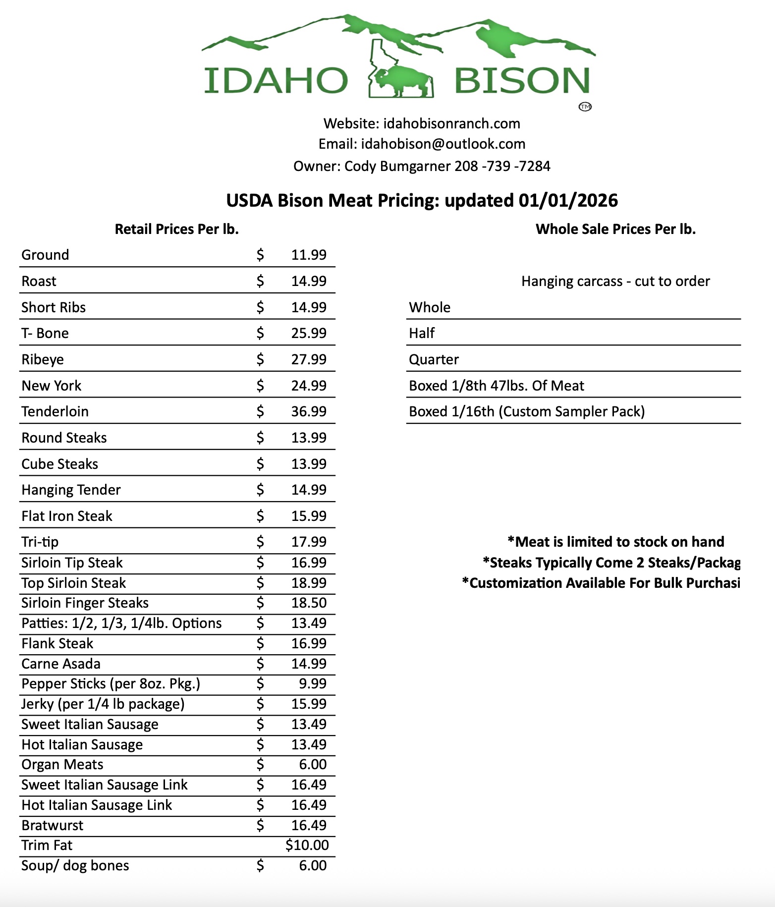 Idaho Bison 2026 Price List